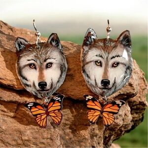 Hand-painted, Timberwolves, one-of-a-kind, earrings, butterfly charm sterling